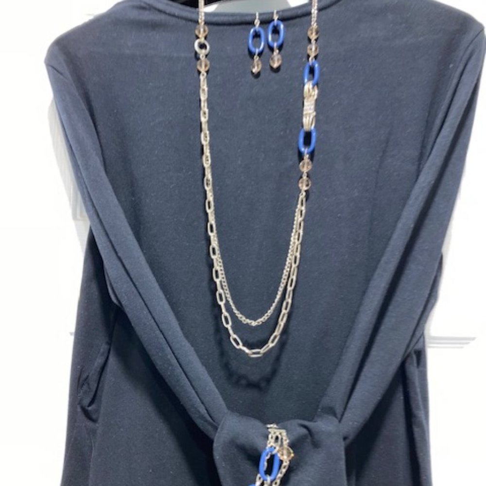 Nautical Blue Light Gold Tone Double Chain Necklace Earrings & Bracelet Set